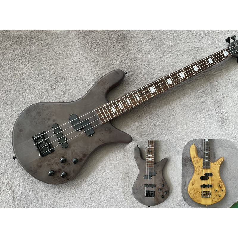 4 Strings Bass Guitar Ash Wood Body Burl Maple Top Fixed bridge Gold Tuner Active battery Spe bass