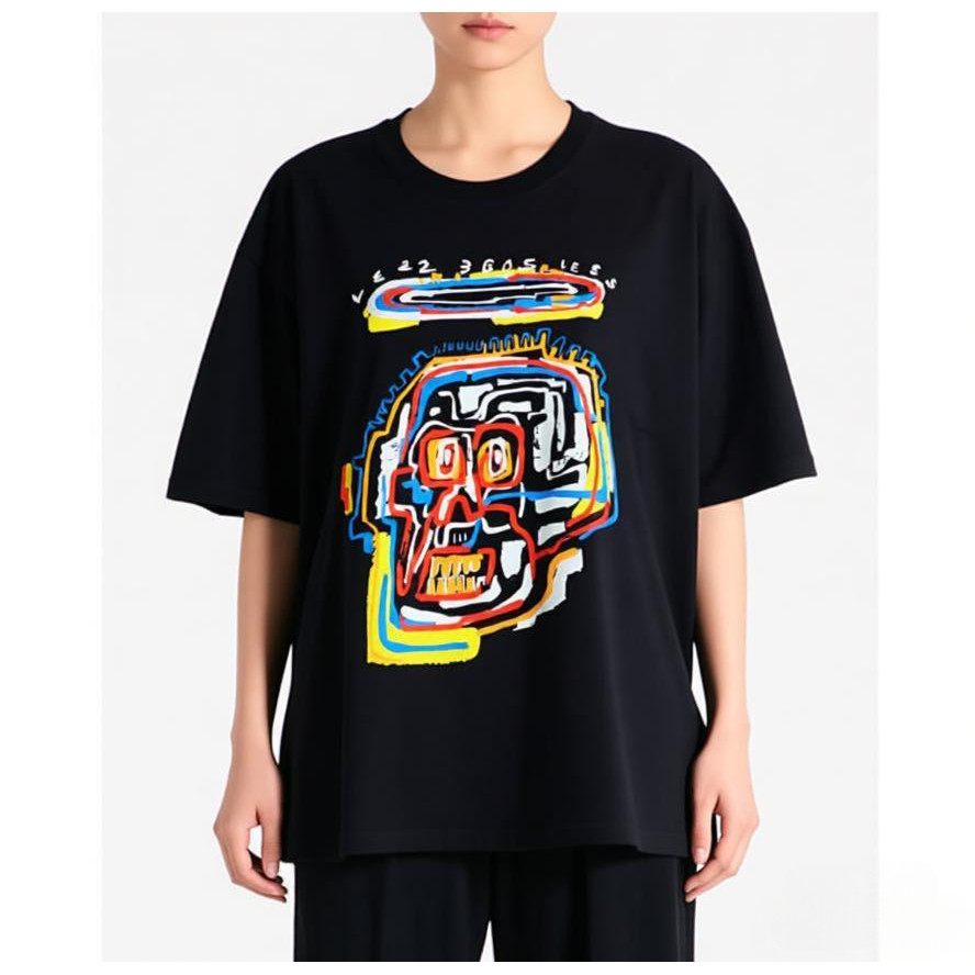 Baju Hitam OVERSIZE Pria | Cetakan Tengkorak Grafiti Abstrak Gaya Street