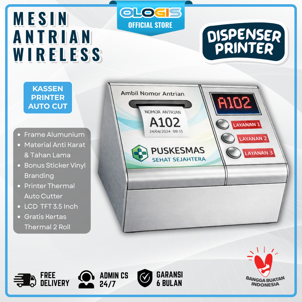 OLOGIS - Printer Tiket Mesin Antrian Arduino Auto Cutter Puskesmas Klinik 3 Layanan Sistem Wireless