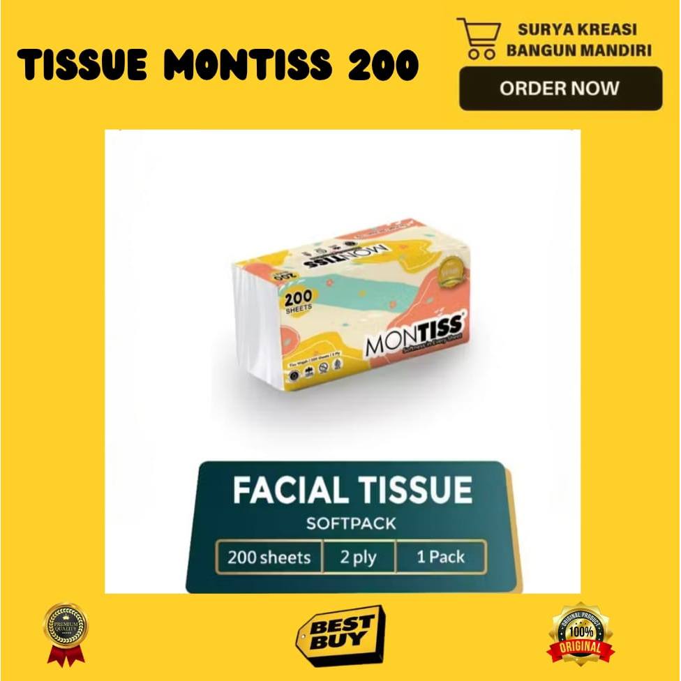 TISSUE MONTISS 200 SHEETS - TISU MONTISS - MONTISS 200S - MONTISS FACIAL TISSUE - TISSUE HALUS LEMBU