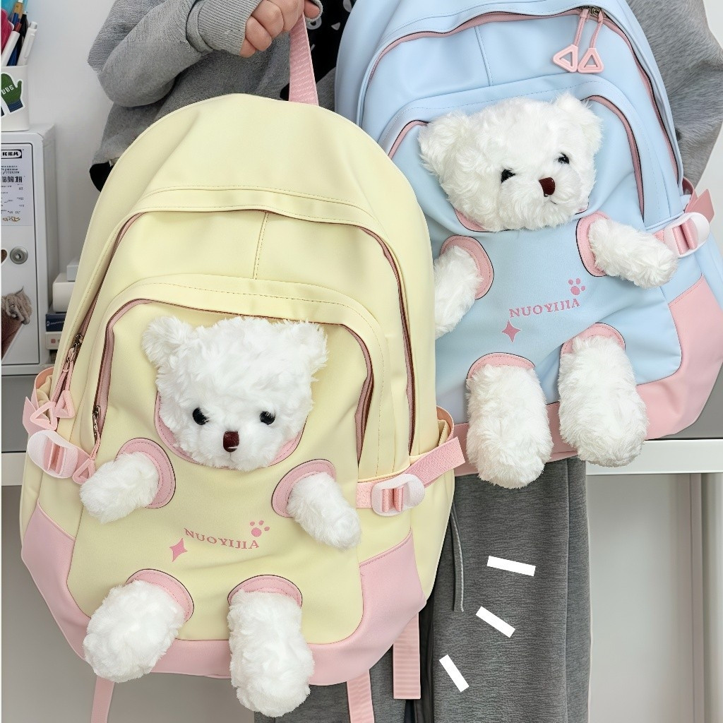 INDAHOR Tas Sekolah Lucu Beruang Ransel Wanita Korea Tas Ransel Mahasiswa Gaya Kuliah Kartun Ransel 
