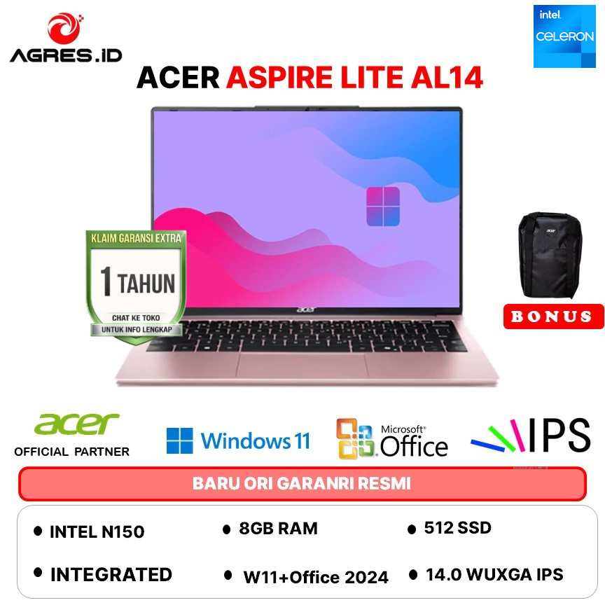 ACER ASPIRE LITE 14 AL14 INTEL N150 - RAM 16GB 512GB WINDOWS 11+OHS 14.0FHD IPS
