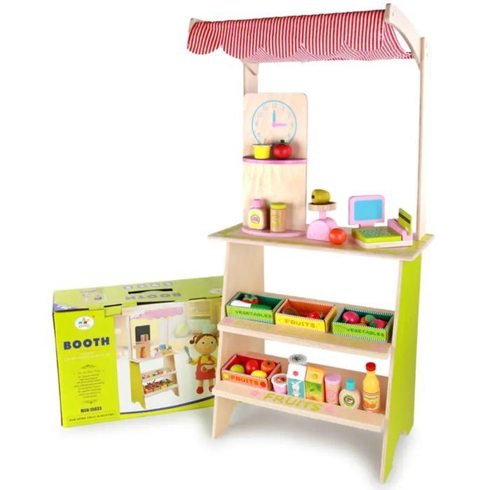 Mainan Edukasi Anak Stand Toko Kayu Mini Set Lengkap, Playset Jualan Pasar dengan Aksesoris Buah Say