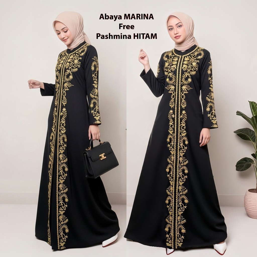 ARDIOSHOP Baju Gamis Abaya Turkey 213 Bordir Gold Hitam Dubai Turki Arab Size S M L XL Ld 100 105 11
