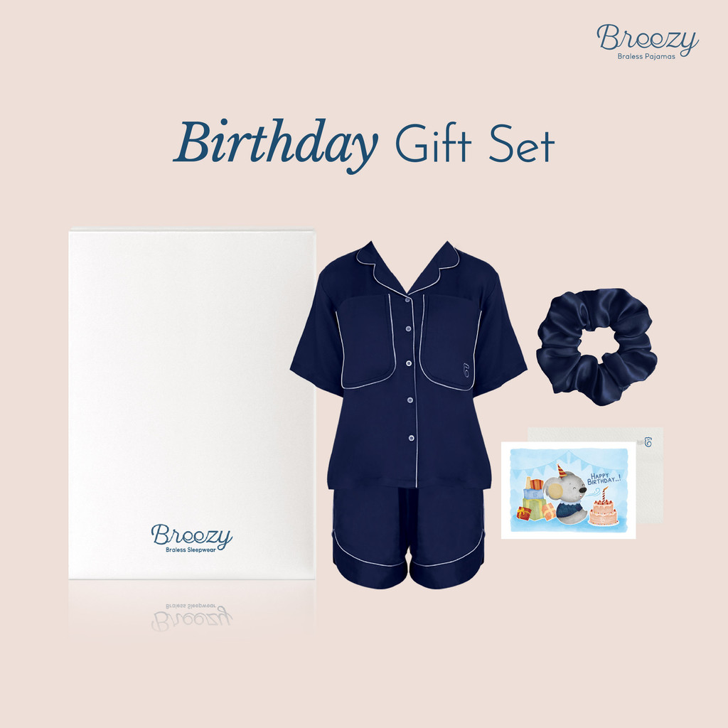 BREEZY Birthday Gift Set | Kado Ulang Tahun Cewek Premium | Braless Pajamas + Scrunchie | Gift Card 