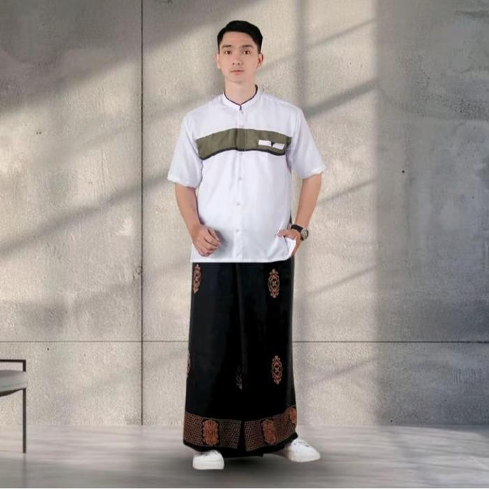 SARKO Setelan Sarung Dan Koko Pria Dewasa Lengan Pendek Motif Bordir Lato Lato & Sarung Sarang Tawon