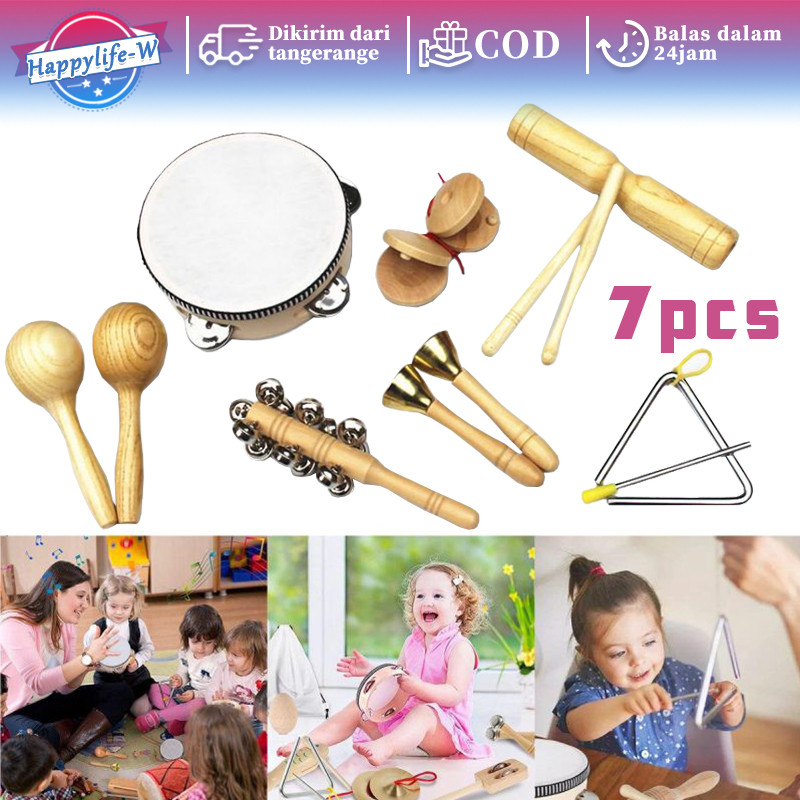 7pcs Alat Music Drum Dramben Mainan Anak Alat Musik Tambourine Mainan Alat Musik Anak Alat Musik Puk