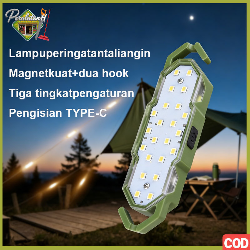 Lampu Tenda Camping Luar Ruangan Lampu Sorot Cas Tahan Lama Cahaya Putih Hangat Magnet Pengait Perin