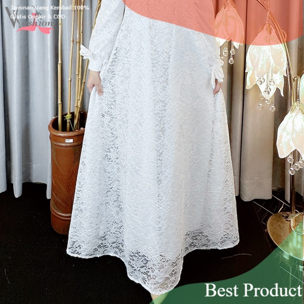 Gamis Brokat Putih Polos Permata Tali A-Line 70651 3 Baju Muslim Vimapakaian wanita lainnya