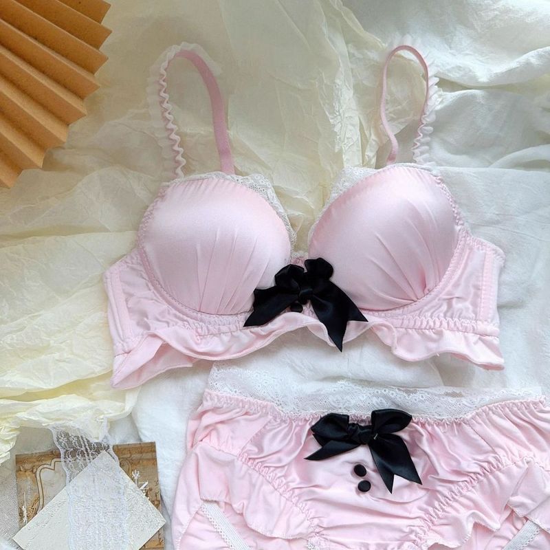 [COD]Satin Lace Edge Lingerie Set Bra Ringan