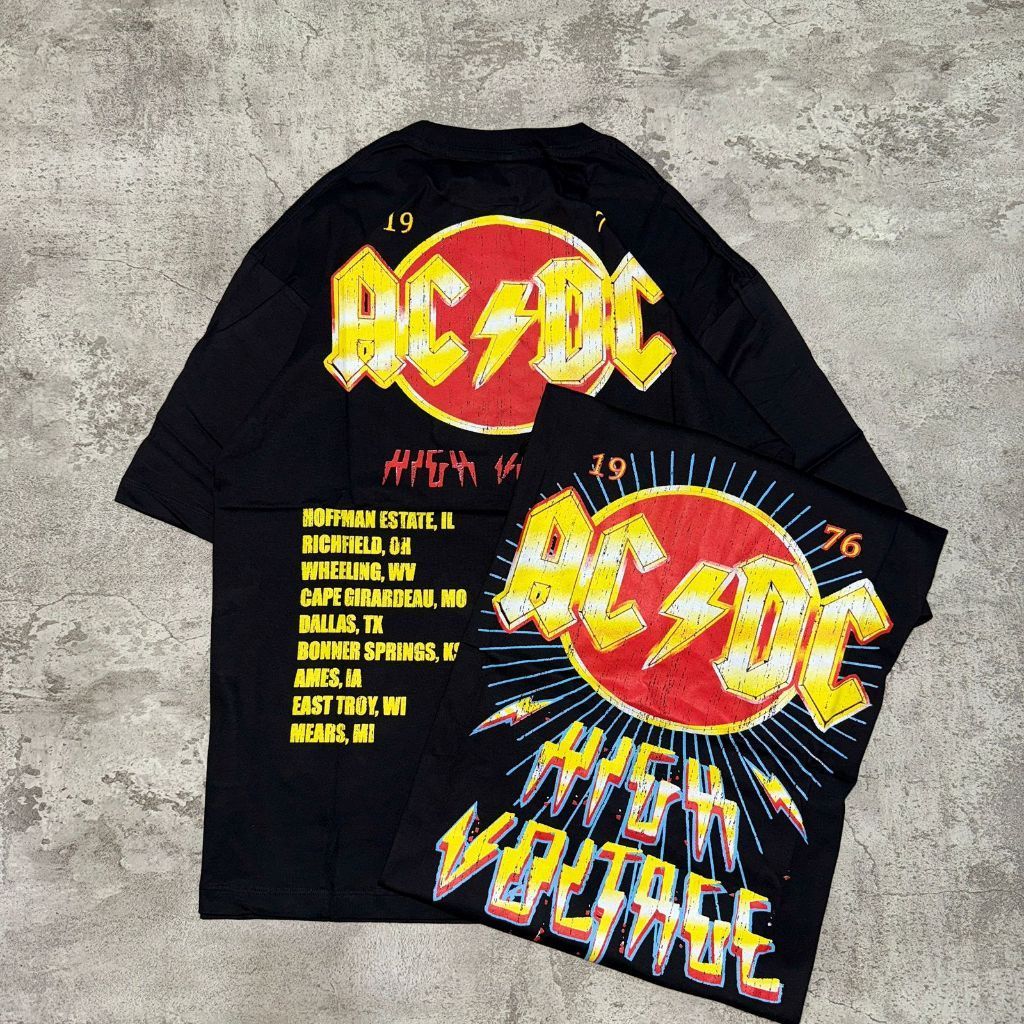 Baju Kaos Pull&Bear Oversize ACDC High Voltage 1976 - T Shirt Vintage AC/DC Oversized Black 20s Kaos
