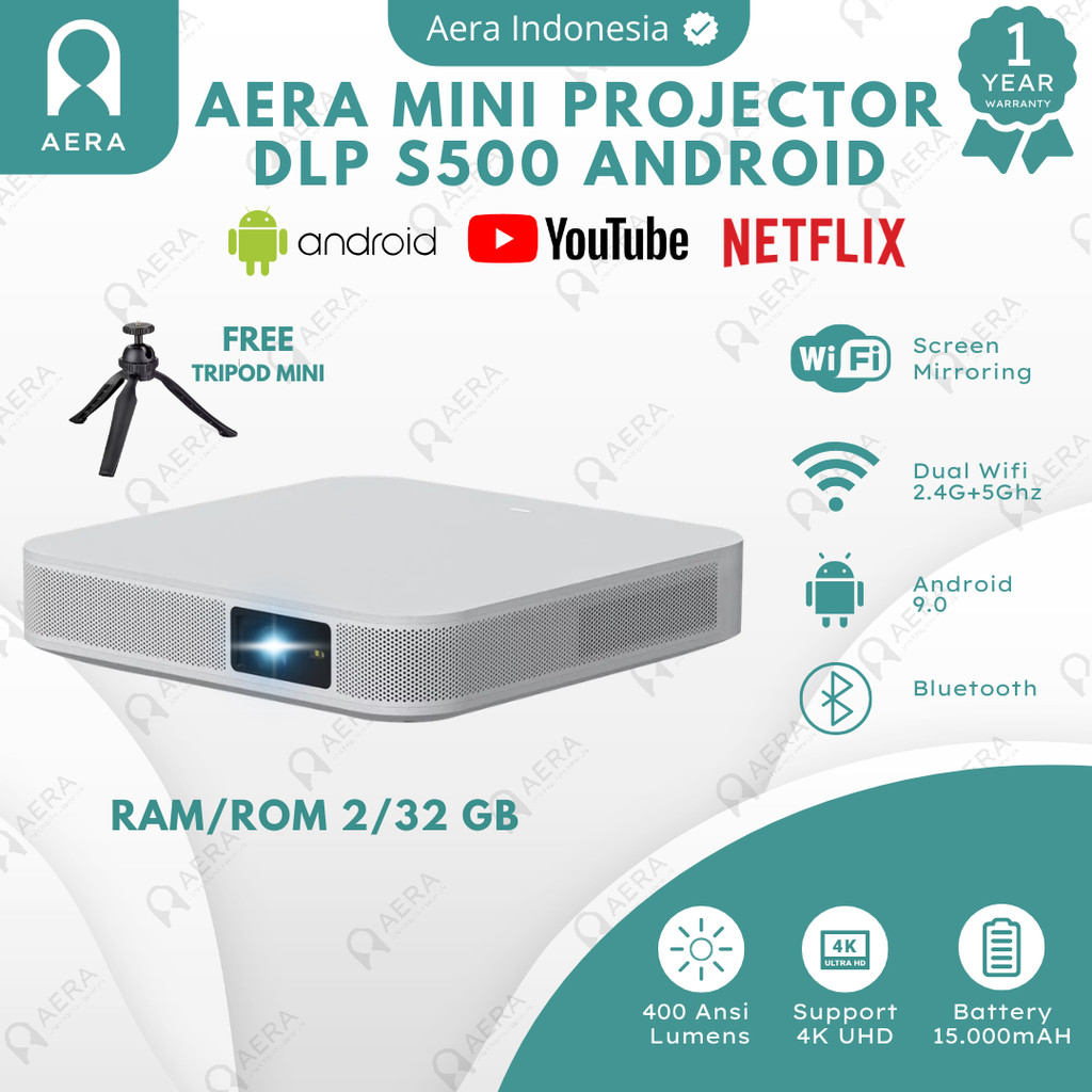 Aera Proyektor Android Mini DLP S500 Android 400 Ansi Lumens RAM 2/32 GB Build in Battery 15000 mAh 