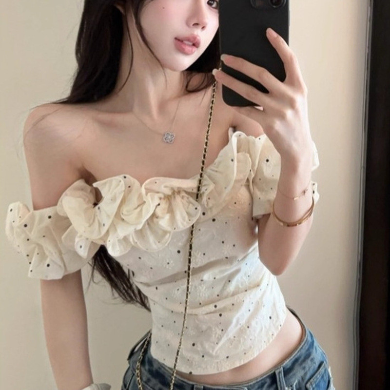 [Pakaian Ratu] Niche dilipat kemeja bahu halus wanita hari ini fashion seksi bahu terbuka kemeja