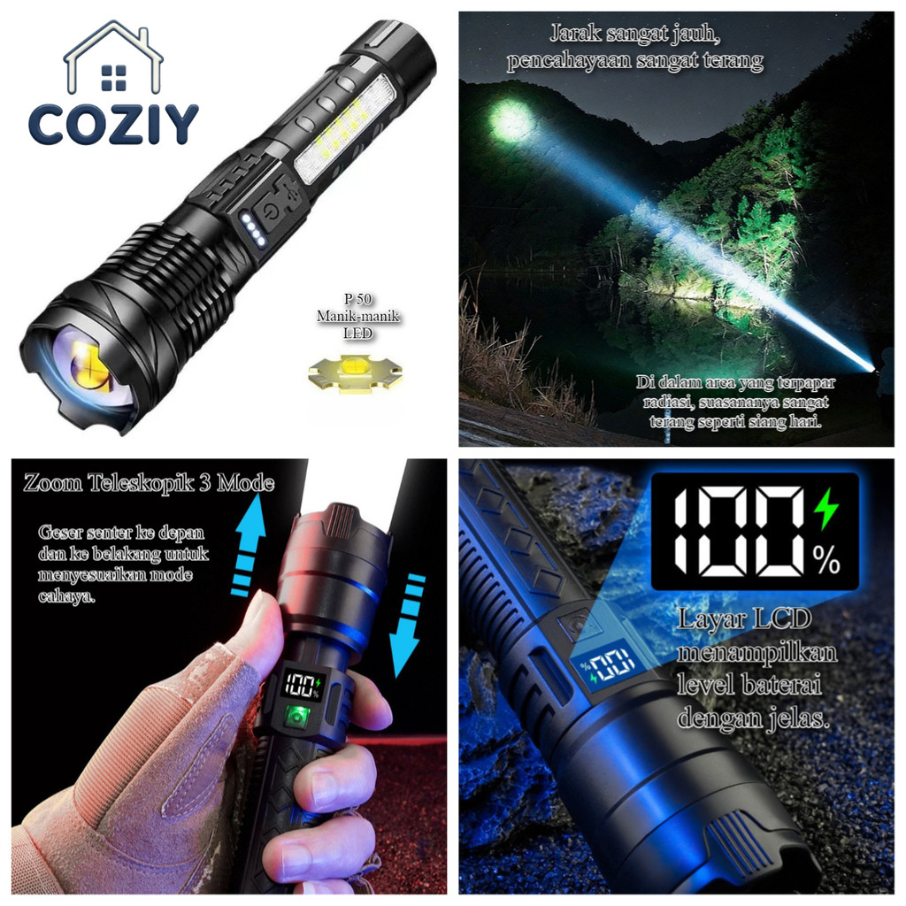 COZIY Senter LED Mini Super Terang Zoom  Tahan Air & Portabel Untuk Camping & Mendaki