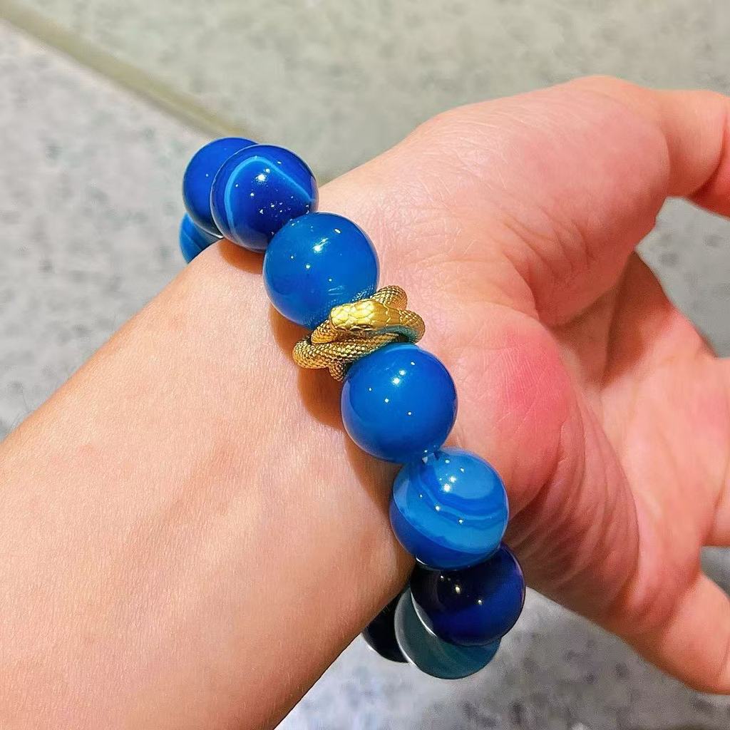Gelang Batu Akik Biru Alami Berbutir Besar untuk Wanita