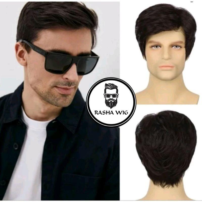 Wig Pria Korea Style Rambut Pendek Belahan Samping Wig Rambut Palsu Pria Keren Gaya Eropa Wig Murah 