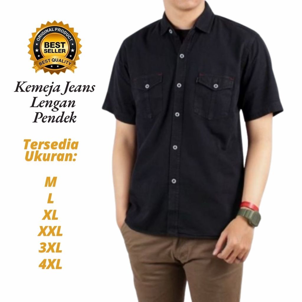 Baju Kemeja Hem Denim Jeans Pria Jumbo Lengan Pendek Snow Washed Premium Original Distro