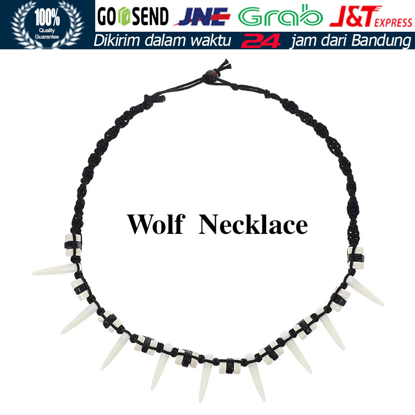 Kalung Liontin Taring Serigala Resin Retro / Aksesoris Cowok Gaya Punk Hip Hop Rantai Tali Hitam / K