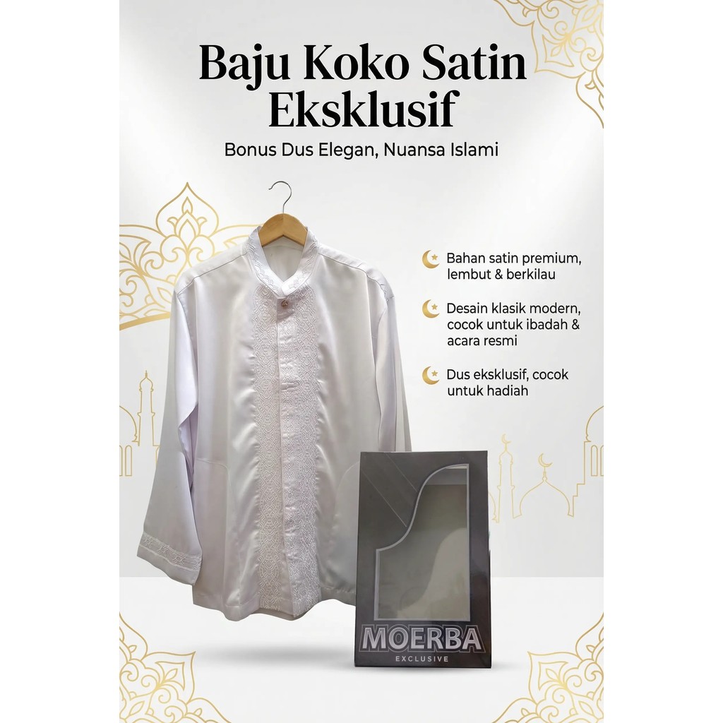 MOERBA (BONUS DUS) Baju Koko Putih Pria Lengan Panjang Bordir Bahan Satin Tebal