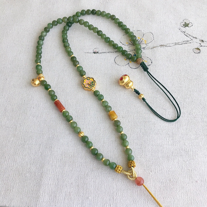 Traditional Jade Bead Chain Buddha Amulet Braided Rope Necklace for Women
