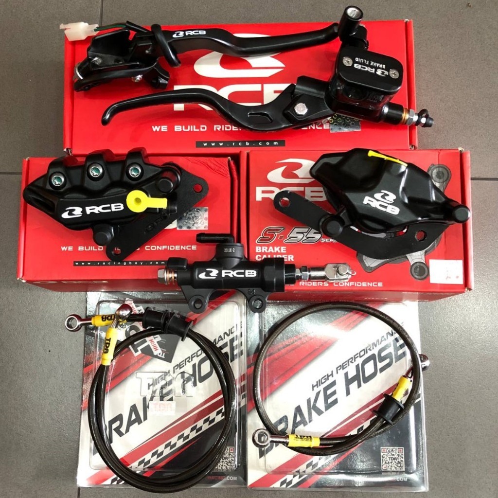 Paketan Master Rem RCB E3 14mm Set Kanan Kiri Kopling + Kaliper Depan Belakang S 2 Piston R55 + Tonj