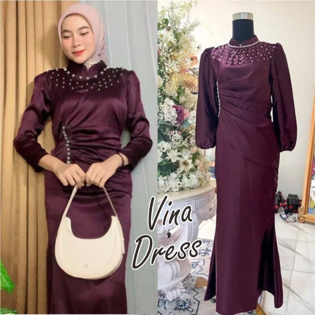 Vina Dress Satin Silk Premium Termurah Gaun Pesta Modern Baju Muslim Wanita Bridesmaid Lamaran Lebar