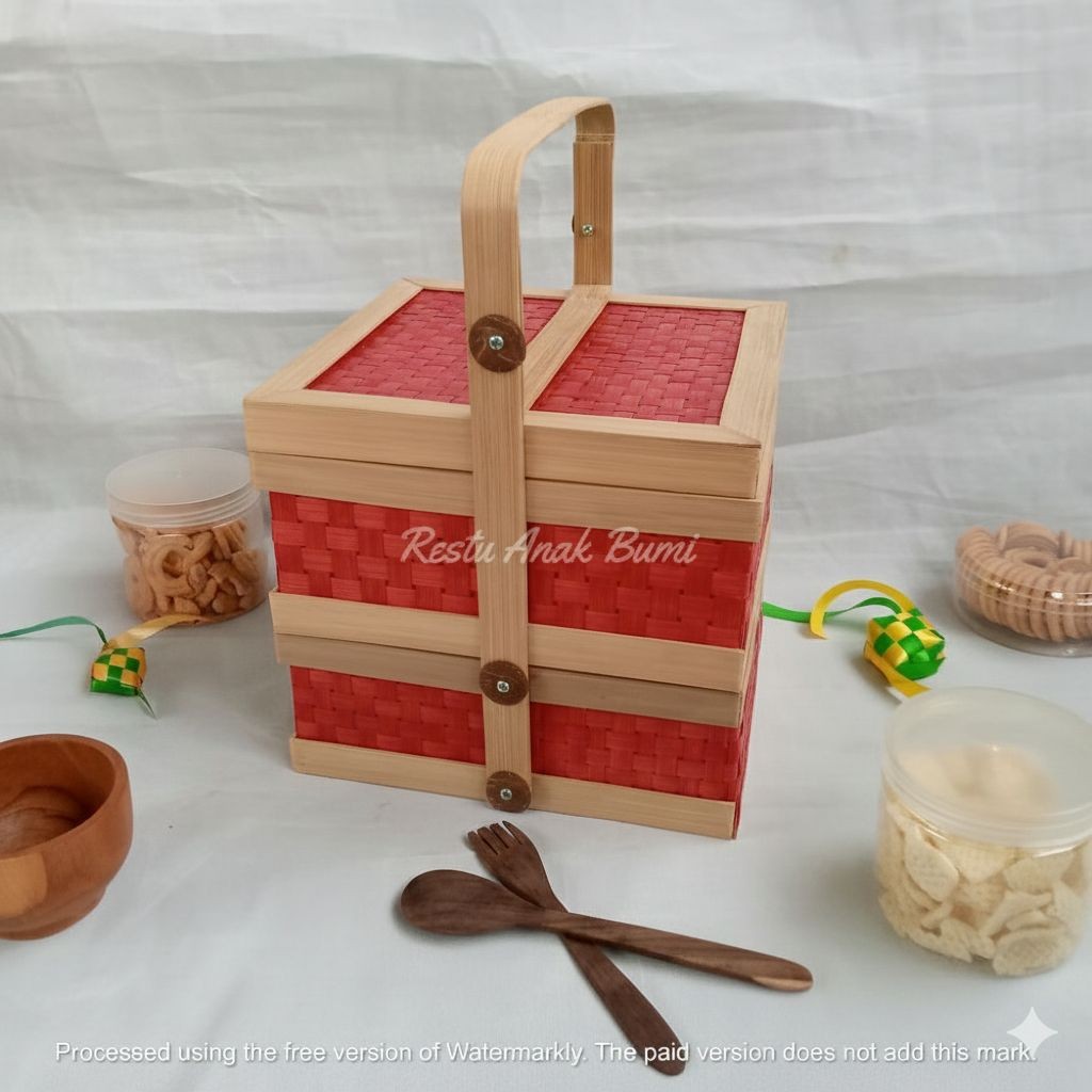 ( R25 S2 ) Kotak Anyaman Bambu  (packaging Imlek ) Rantang merah Susun 2  25cm l  | rantang kotak an