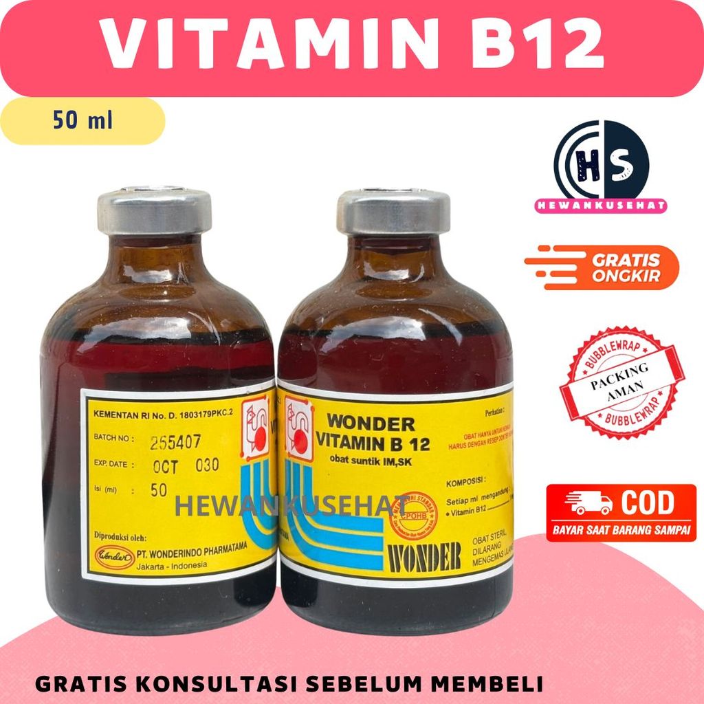 Wonder Vitamin B12 50 ML - Vitamin B12 Anemia & Gangguan Pertumbuhan Hewan Ternak Wonder