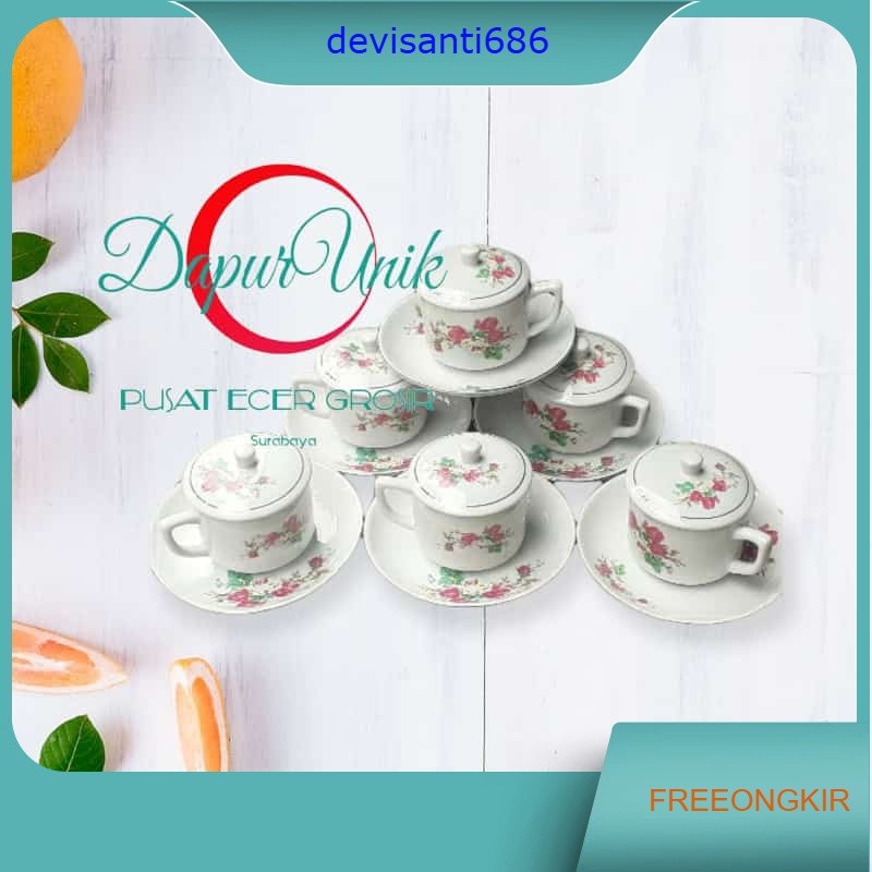 DAPUR UNIK CANGKIR SET TUTUP KERAMIK MOTIF BUNGA /CANGKIR JADUL/ CANGKIR KOPI