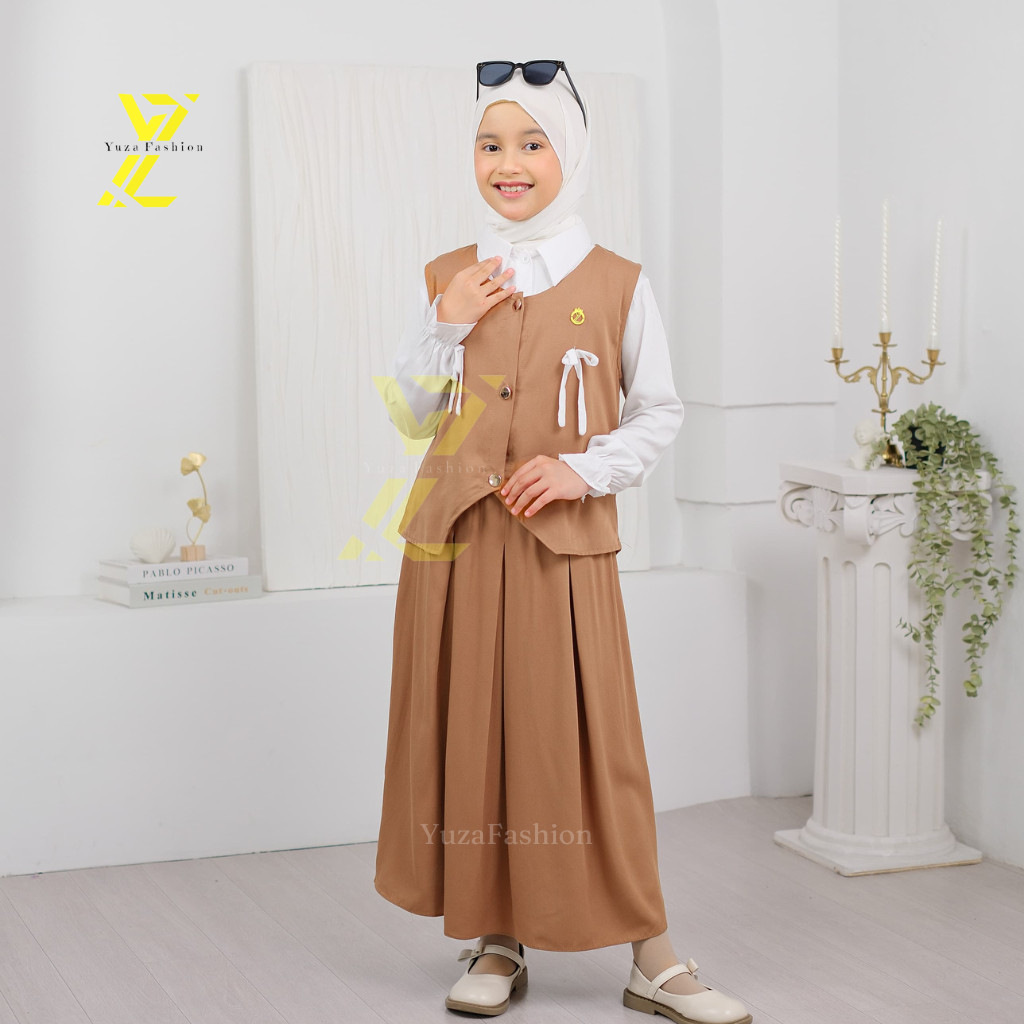 LOWESHOP Setelan Anak 3in1 Adreena Kids Setelan Anak Perempuan 5-12 thn Set Baju Rok Vest One Set St