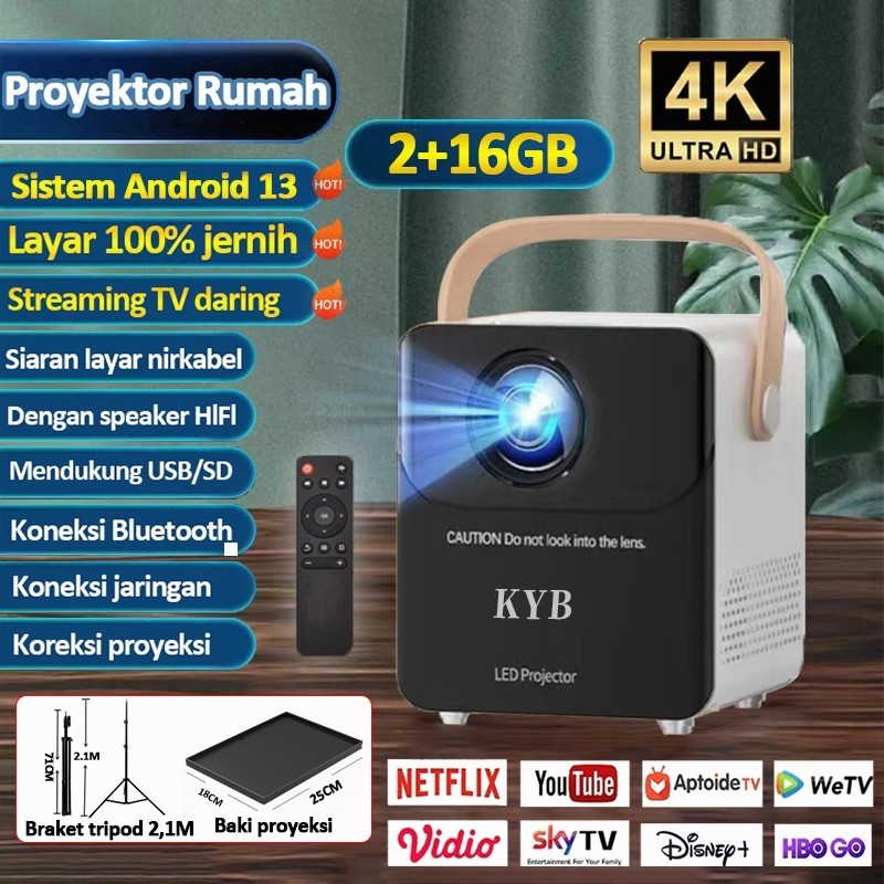KYB T2 LED Proyektor Mini Smart Android TV 4K HD Proyektor Portable/Murah 9.0 RAM