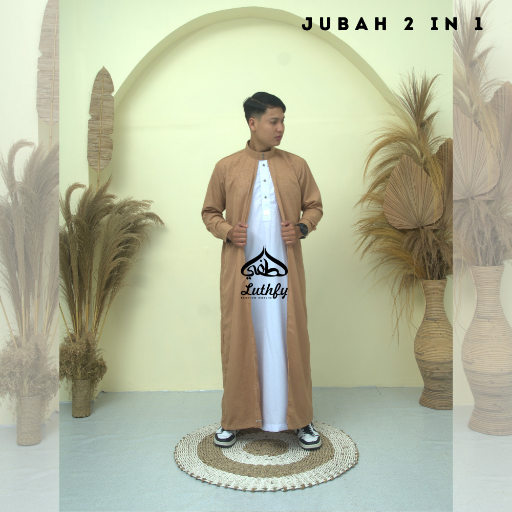 SHD_SHOP Baju Jubah 2 In 1 Gamis Thobe Pria Laki Laki Dewasa Cowok Remaja Model Haromain Motif Embos