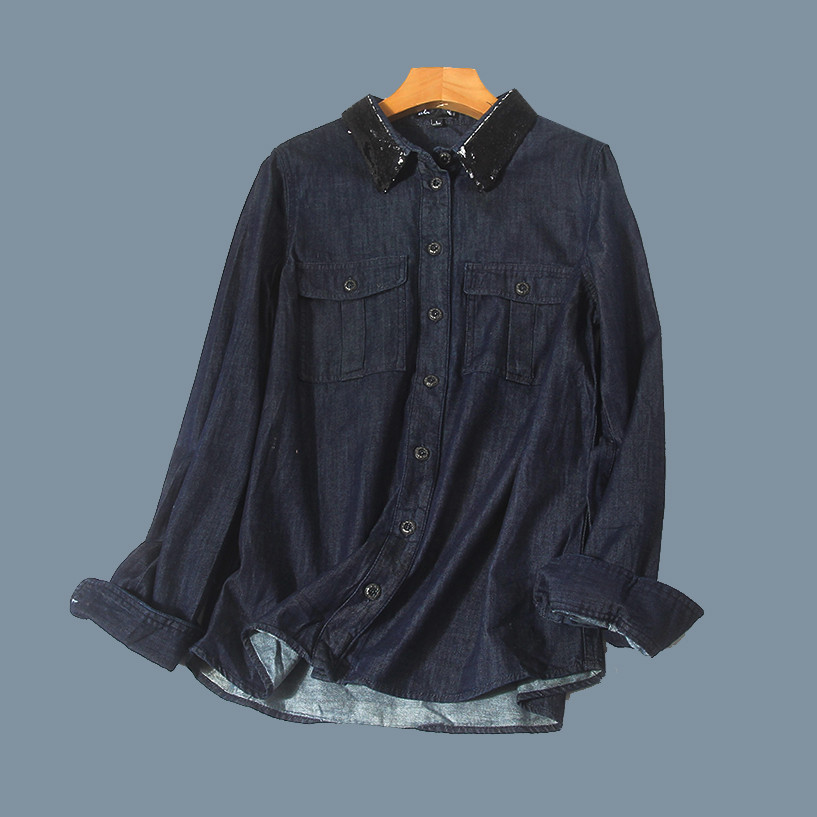 XT-22 IBS-20 kemeja jeans denim wanita lengan panjang