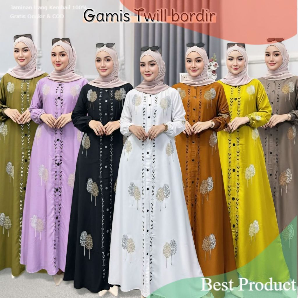 Gamis twill bordir terbaru 2025 import premium ori mix tenun troso - gamis motif daun ld 110 120 by 