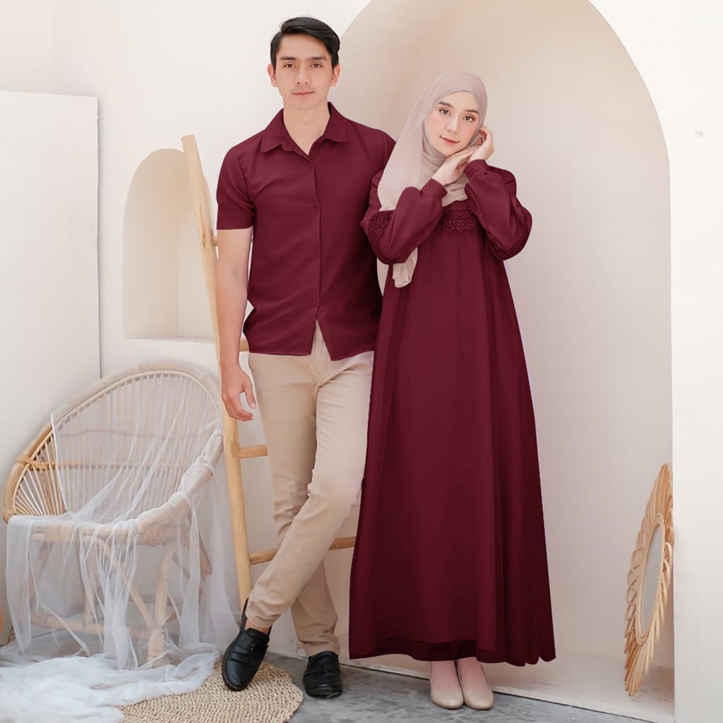 Arvera —— (Real Picture) Zoya Couple Baju Pasangan Dress Gamis Set Kemeja Muslim Lebaran