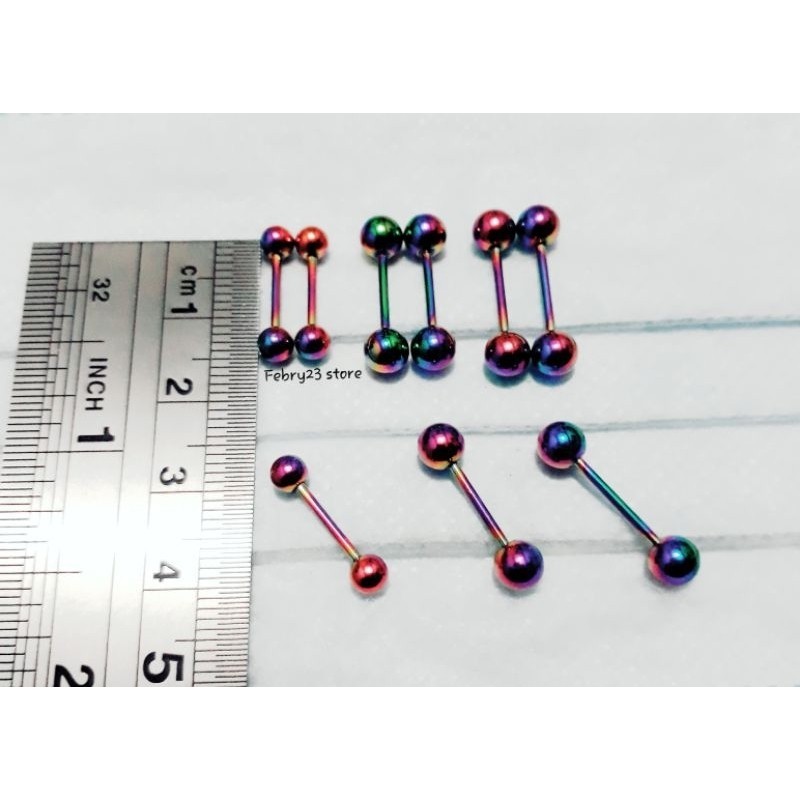 2 Pcs/1 Pasang Anting Piercing Lidah Tusuk Tindik Barbel Pelangi Polos Titanium Pria & Wanita