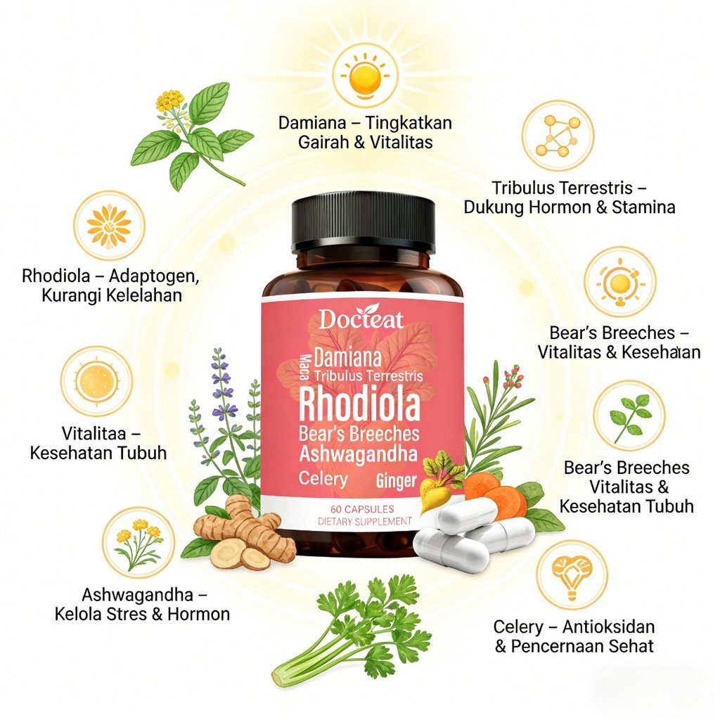 Docteat Herbal Complex – Damiana, Tribulus, Rhodiola, Ashwagandha & 3 Herbal untuk Vitalitas Pria & 
