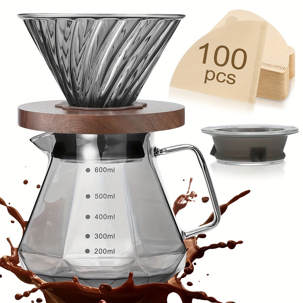 Pour Over Coffee Maker Set, 20 oz Borosilicate Glass Carafe with 100 pcs V02 Paper Filter, Waut Hand