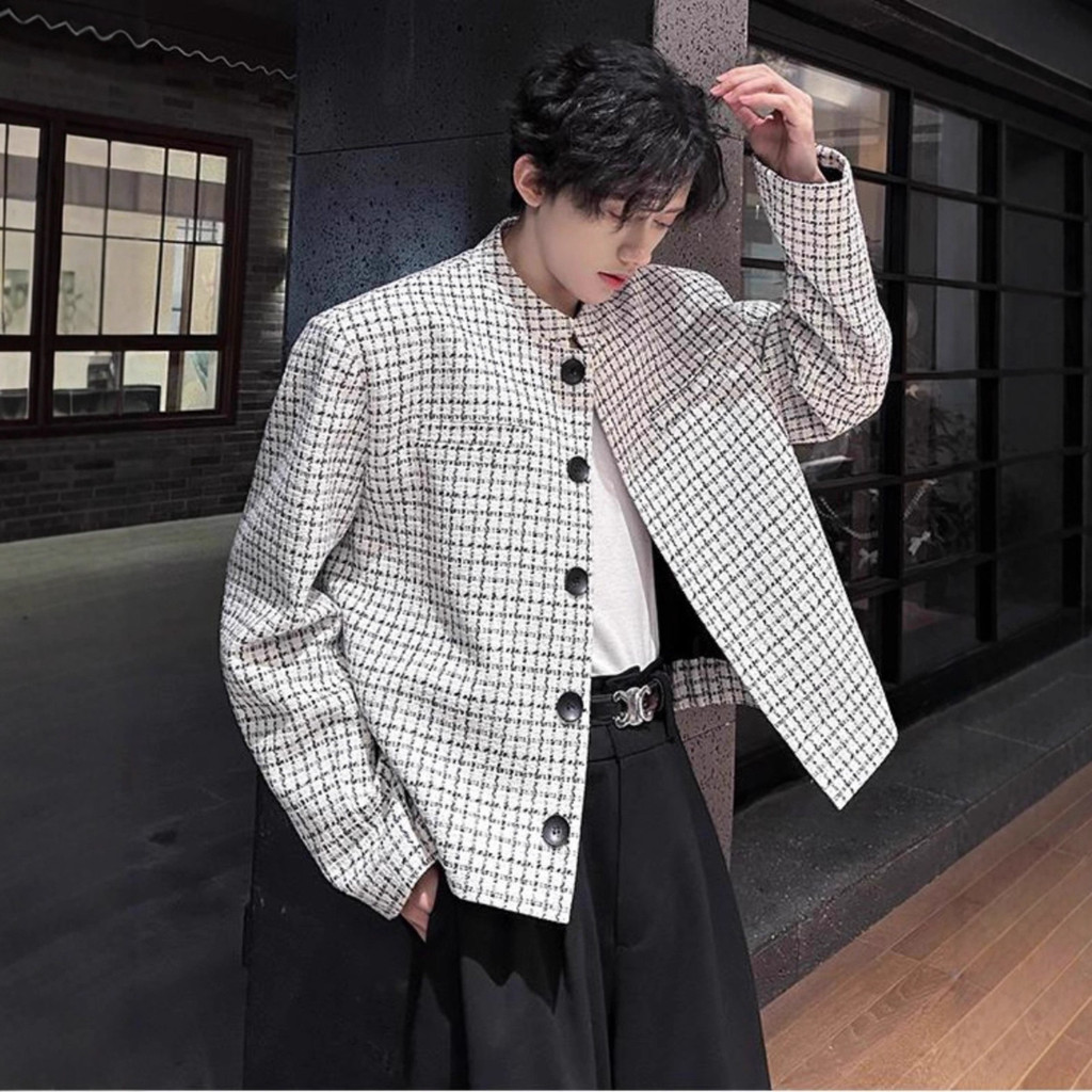 Jaket Blazer Pria Berkerah Tinggi Motif Houndstooth Keren