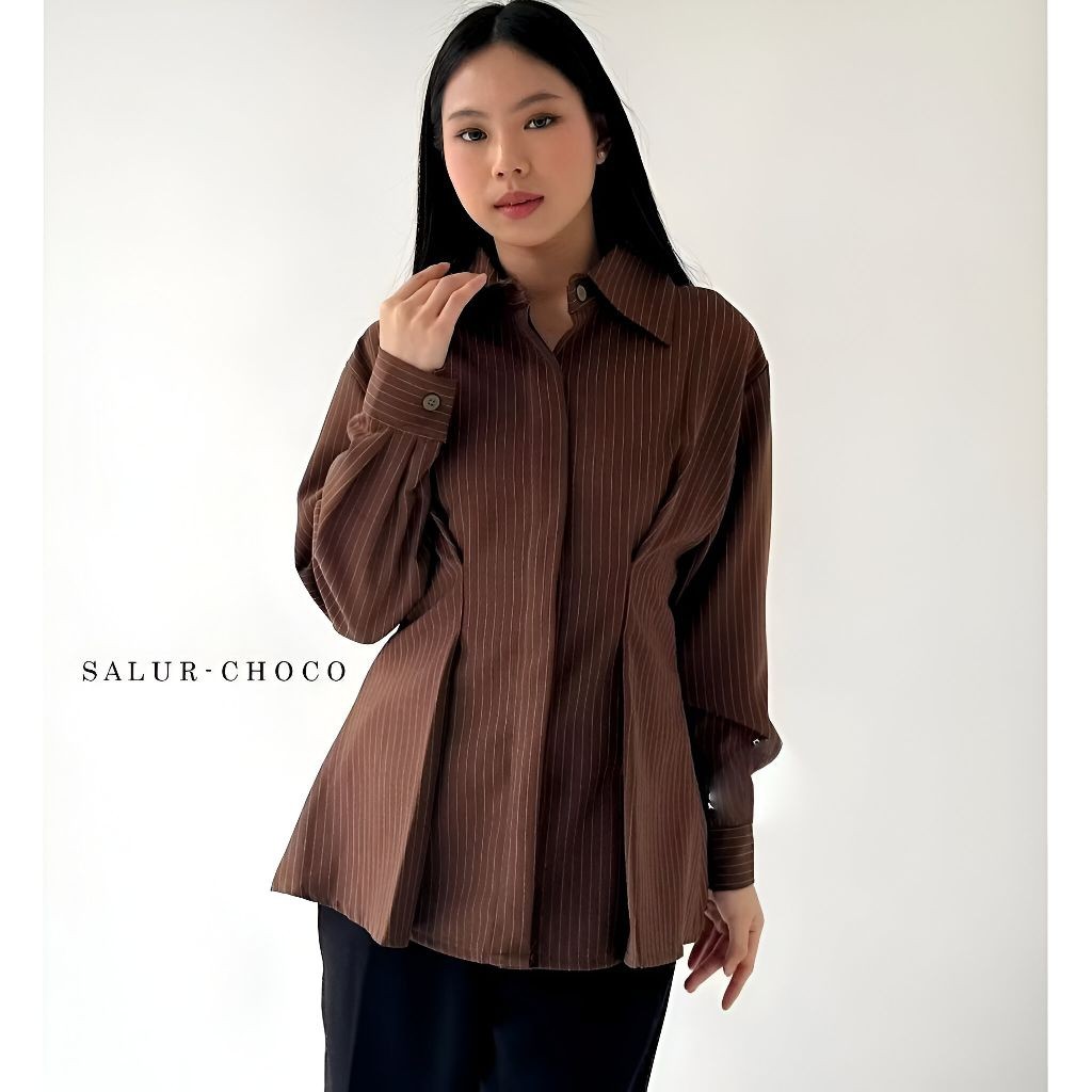 Arba Top Kemeja Fitted Kemeja Kerja Wanita Blus Garis-Garis Lengan Panjang