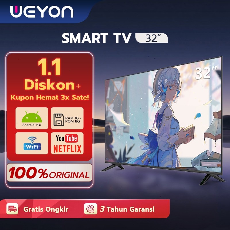 BM WEYON Smart TV 32 inch Android 1080P Full HD | TV Digital YouTube Netflix | Termurah Garansi 1 Ta