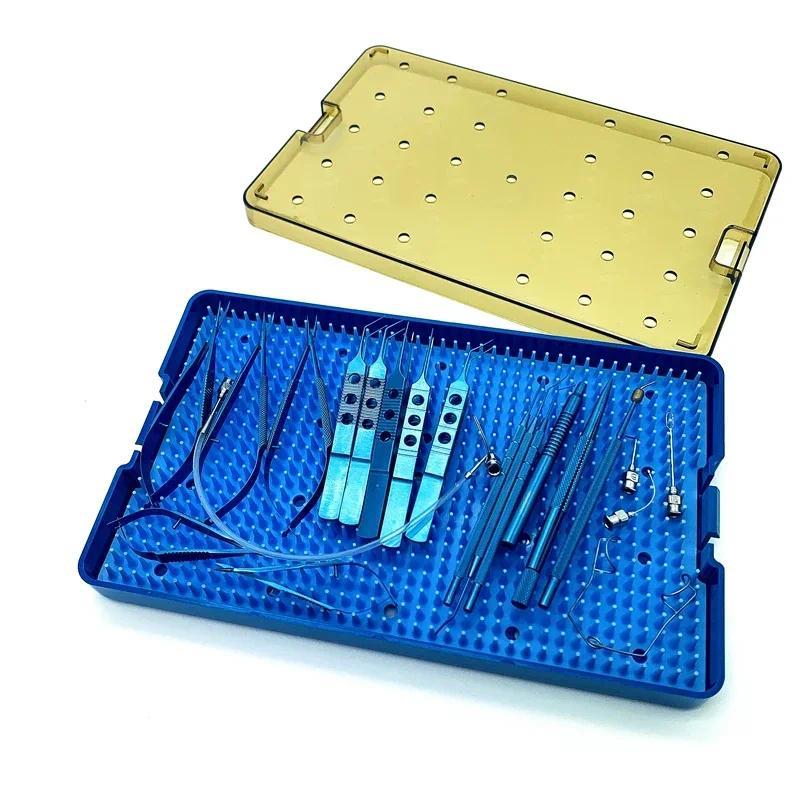 21PCS Set Alat Mata Titanium untuk Katarak dengan Kotak Sterilisasi, Gunting, dan Tempat Jarum Oftal