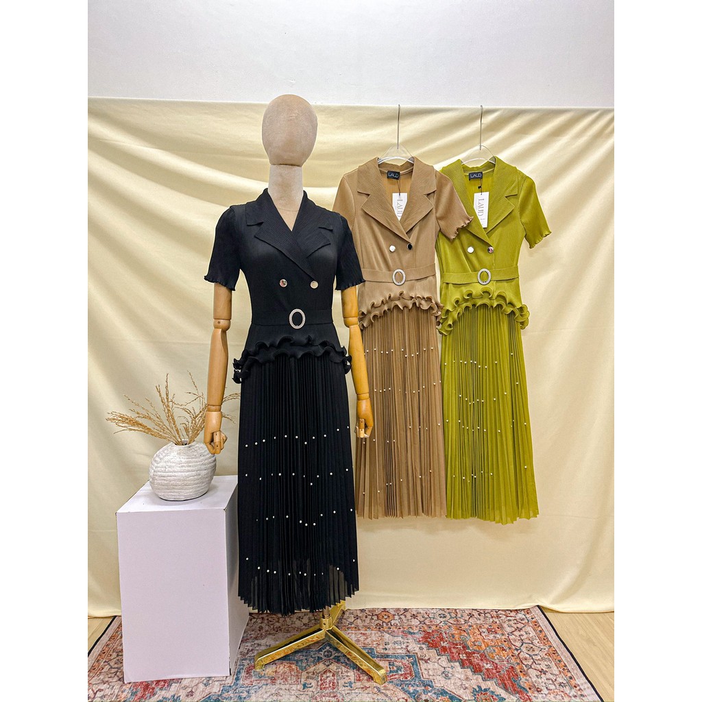 Laudofficial Alana Issey Dress /Midi Dress Prisket Wanita Lengan Pendek Rok Mutiara