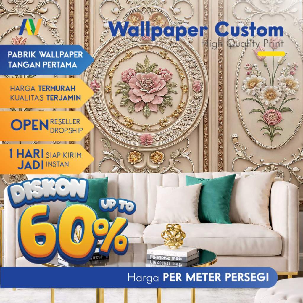 Wallpaper Dinding Custom 3D | Motif Moulding Modern & Gordyn Mewah