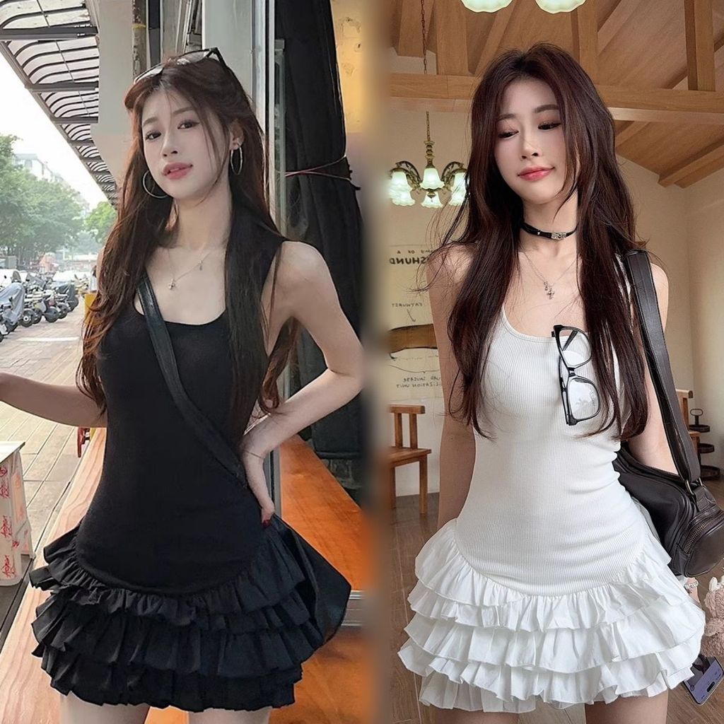 Cute Y2K Style BabyDoll Dress with Tank Top and Mini Flared Skirt in Black and White - Dress Sexy Se