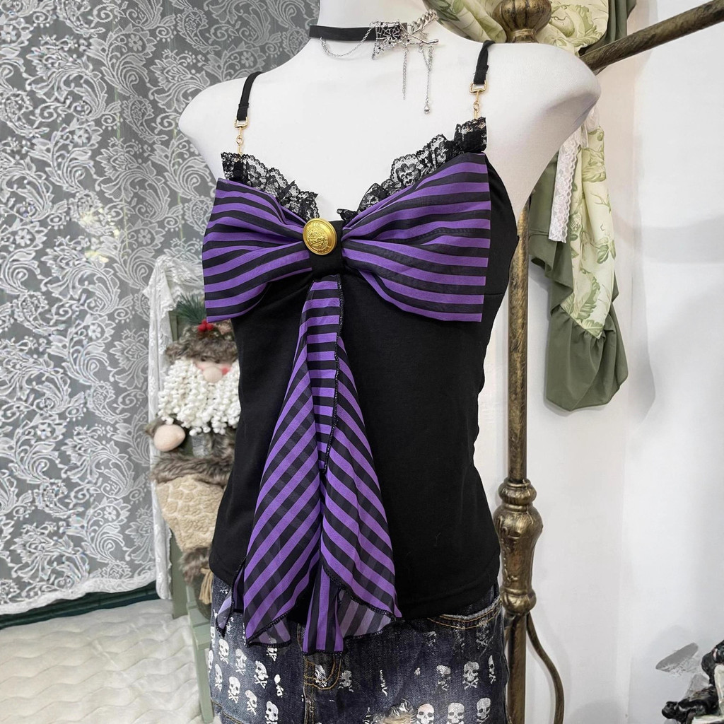 Katun murni Bumbu milenial Amerika y2k retro kimono hitam dan ungu rompi renda busur besar penyesuai