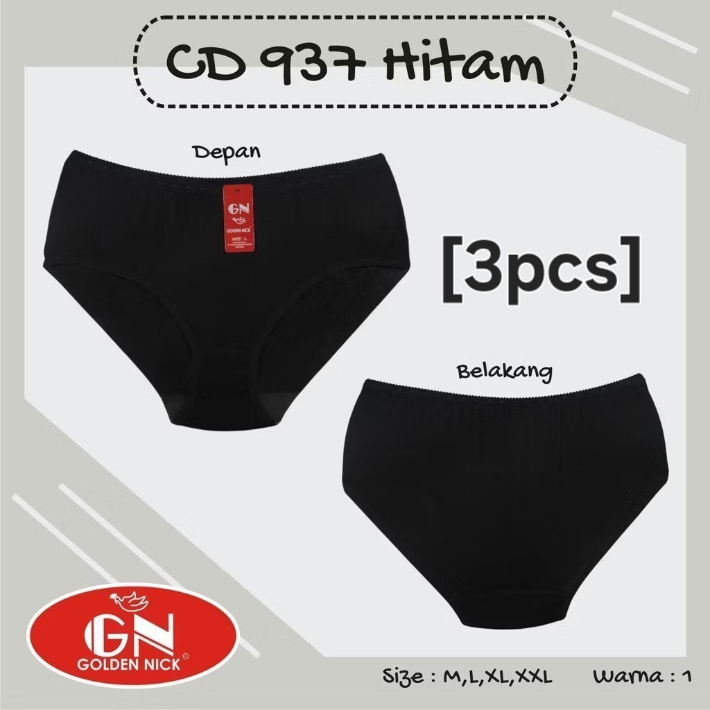 (3pcs) GN 937 Hitam Celana Dalam wanita golden nick / Celana Dalam wanita GN / CD Wanita GN Hitam