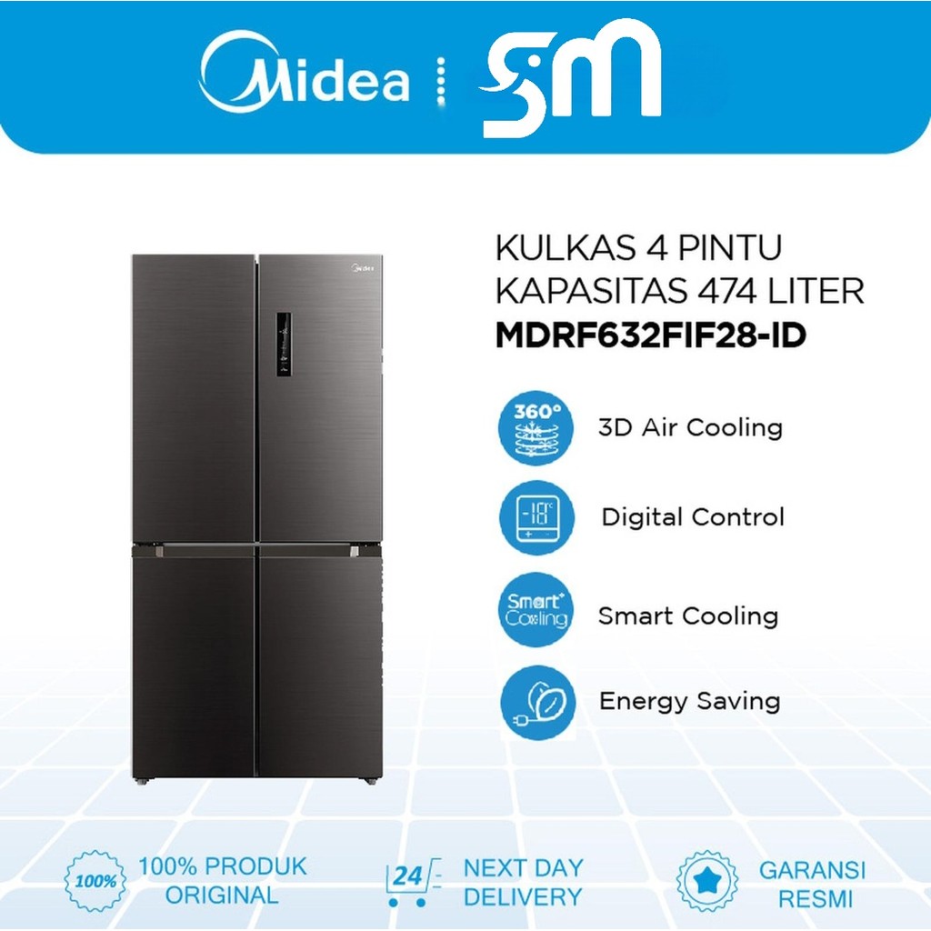Kulkas Midea MDRF632FIF28-ID Multi door 474 L Kulkas 4 pintu Inverter Quattro