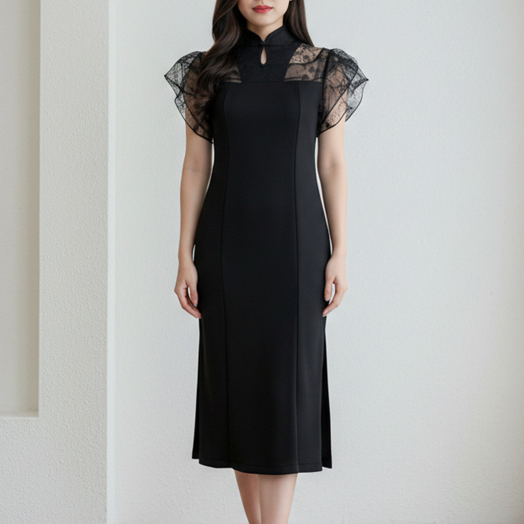 Dress Pesta Mewah Wanita Cantik Lengan Tile Bordir IMPORT bahan Scuba Premium 23907 - EC46