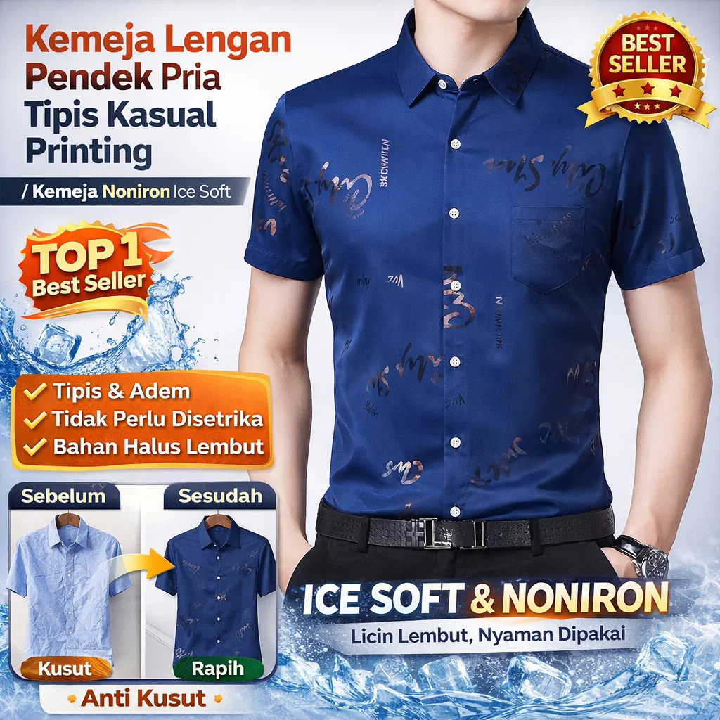 [Serat Bambu Bebas Besi] Kemeja Pria Lengan Pendek Serat Bambu Lembut Bebas Setrika Kemeja Tipis Din